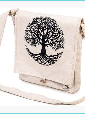 Handmade Hemp Crossbody Messenger Bag with Tree of Life Pattern